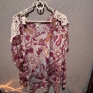 Stem Burgundy Paisley Blouse with Lace Shoulders